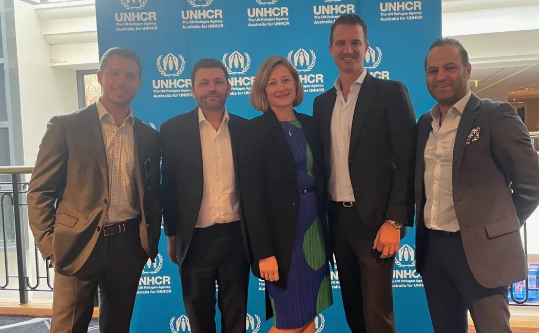 Zhanna Miron at UNHCR’s 2022 World Refugee Day lunch. From left to right Michael Herman (MSQ Investor Relations); Paul Miron (MSQ Managing director); Zhanna Miron(MSQ CFO); Paul Mylitotis (MSQ Managing Director); Theo Tsakirios (Lending Alliance). (1)