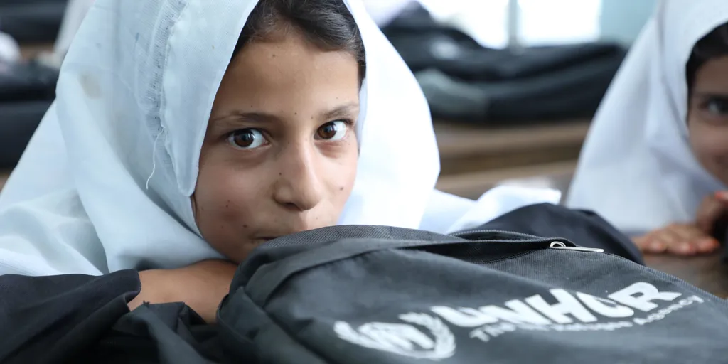 A student attends Kahdistan Primary School. The UNHCR-built school supports hundreds of girls from families who are internally displaced and refugee returnees in Herat Province.